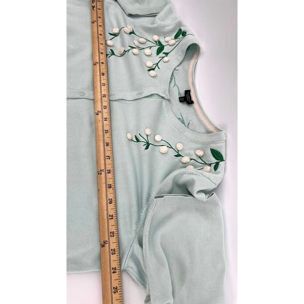 Talbots Floral Embroidered Cardigan Sweater Size 2Xp Mint Green Pom Pom Detail - Picture 11 of 12